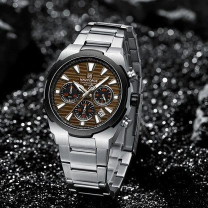 Montre-bracelet à quartz NAVIFORCE pour homme, multifonctionnelle, avec calendrier, chronomètre, lumineuse, étanche 30 ATM, bracelet en acier inoxydable