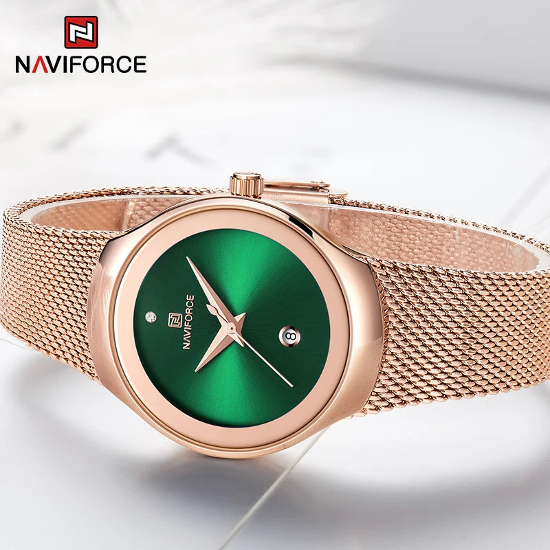 NAVIFORCE NF5004 Green Mesh Steel Date Analog Watch