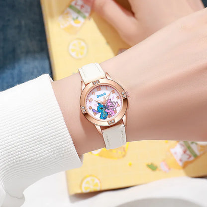Stitch-themed kids watch with leather strap and rhinestone dial