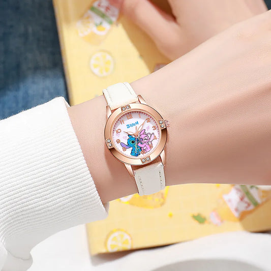 Stitch-themed kids watch with leather strap and rhinestone dial