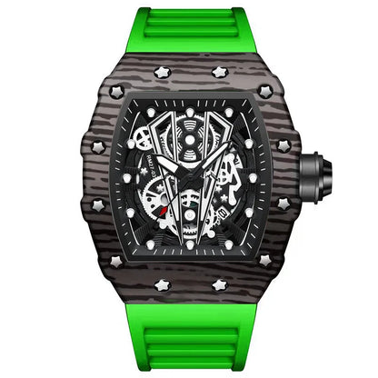 BINBOND Marque Homme Montre Tonneau Dominant Miroir Courbe Surface Creuse Sports Homme Montre-Bracelet Quartz en Silicone B8577