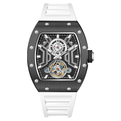 CHANCE Men Wristwatch Fashion Black Waterproof Automatic Mechanical Watch with Luminous Hands Silicone Strap Tonneau Dial