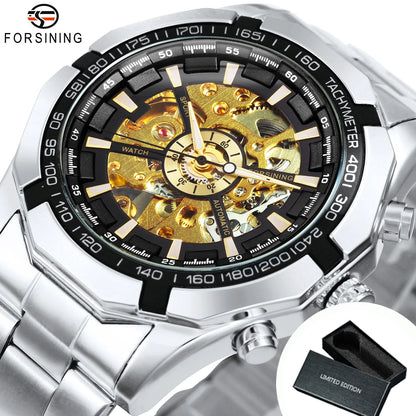 WINNER Fashion Skeleton Watch for Men Luminous Hand Classsic Mechanical Watches Stainless Steel Band Luxury Forsining Wristwatch
