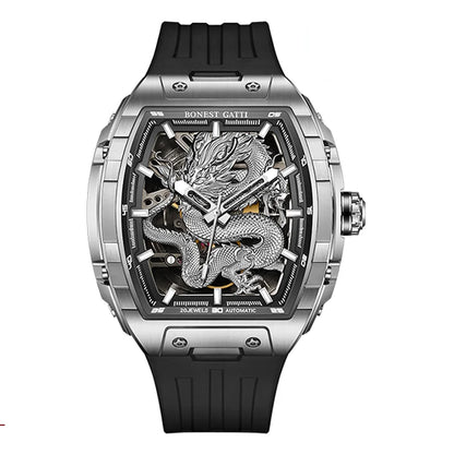 BONEST GATTI Montre automatique homme 43*50mm Tonneau Mécanique Saphir Lumineux Cadran Dragon Bracelet en fluorocarbone
