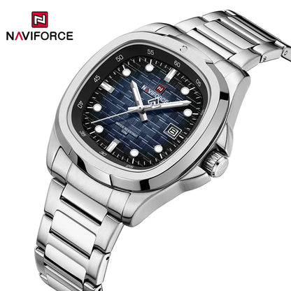 Montre-bracelet de sport NAVIFORCE pour hommes, à quartz, en acier inoxydable, lumineuse, avec calendrier, cadran carré, pour affaires