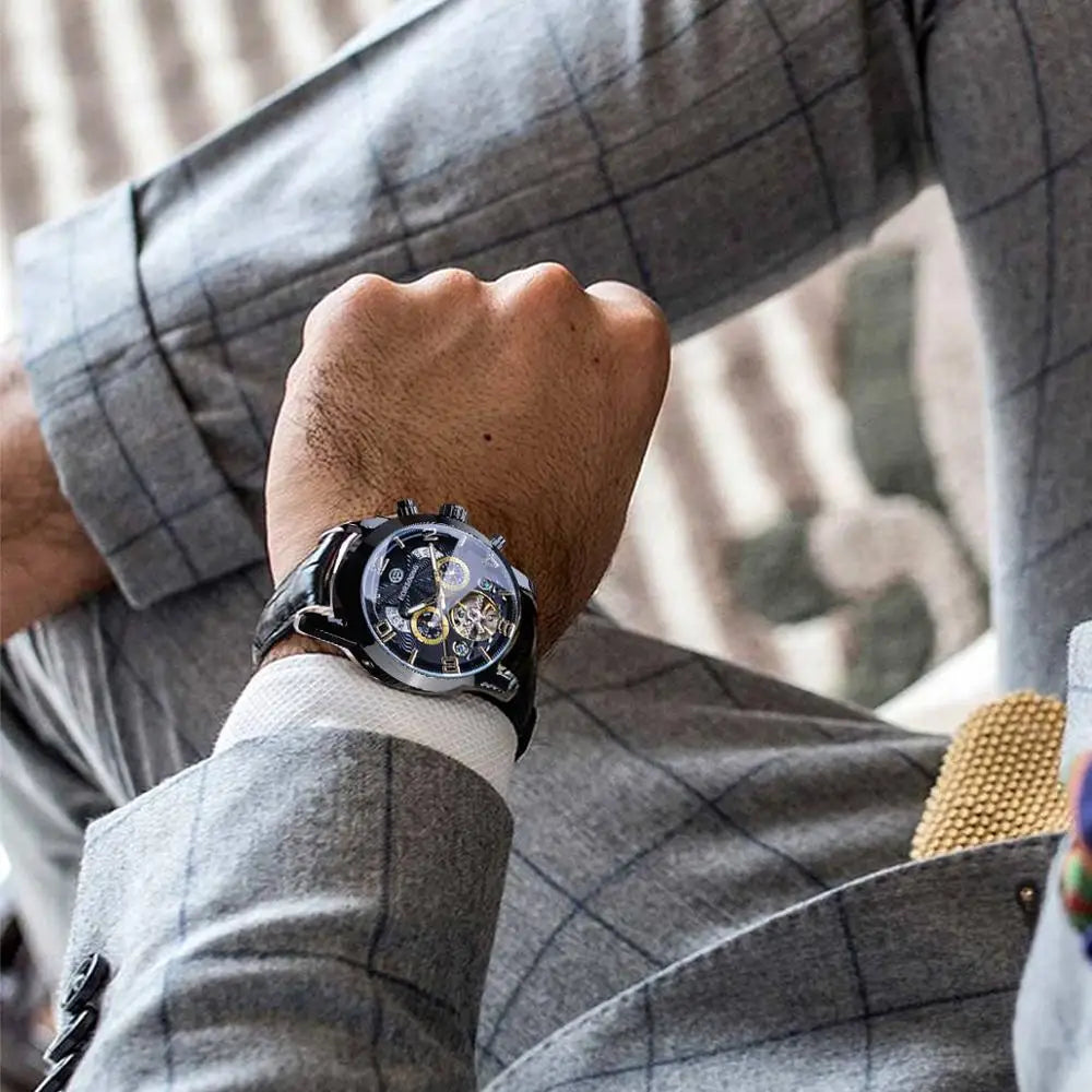 Montre mécanique automatique Forsining Tourbillon Fashion Wave noire et dorée multifonction pour homme, marque de luxe de qualité supérieure