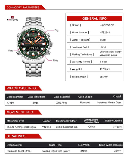 Montre homme NAVIFORCE de marque mode noir or, montres-bracelets de luxe à quartz, sport, étanche, bracelet en acier inoxydable NF9234