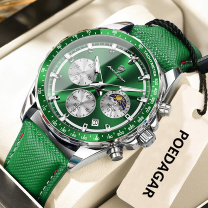 POEDAGAR Montre Homme Originale Tendance Lumineuse Étanche Chronographe Date Bracelet Cuir Quartz Sport Montres Hommes Reloj