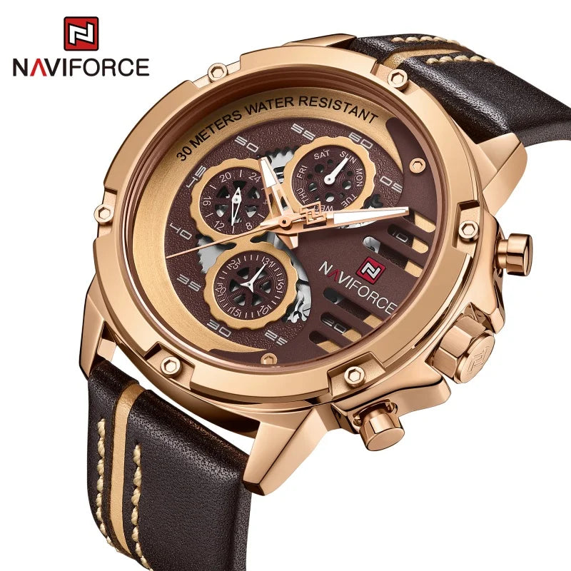 Montre Homme NAVIFORCE, Marque de Luxe, Étanche, Affichage 24 Heures, Date, Mouvement à Quartz, Bracelet en Cuir, Montre-Bracelet Sport pour Homme, Étanche