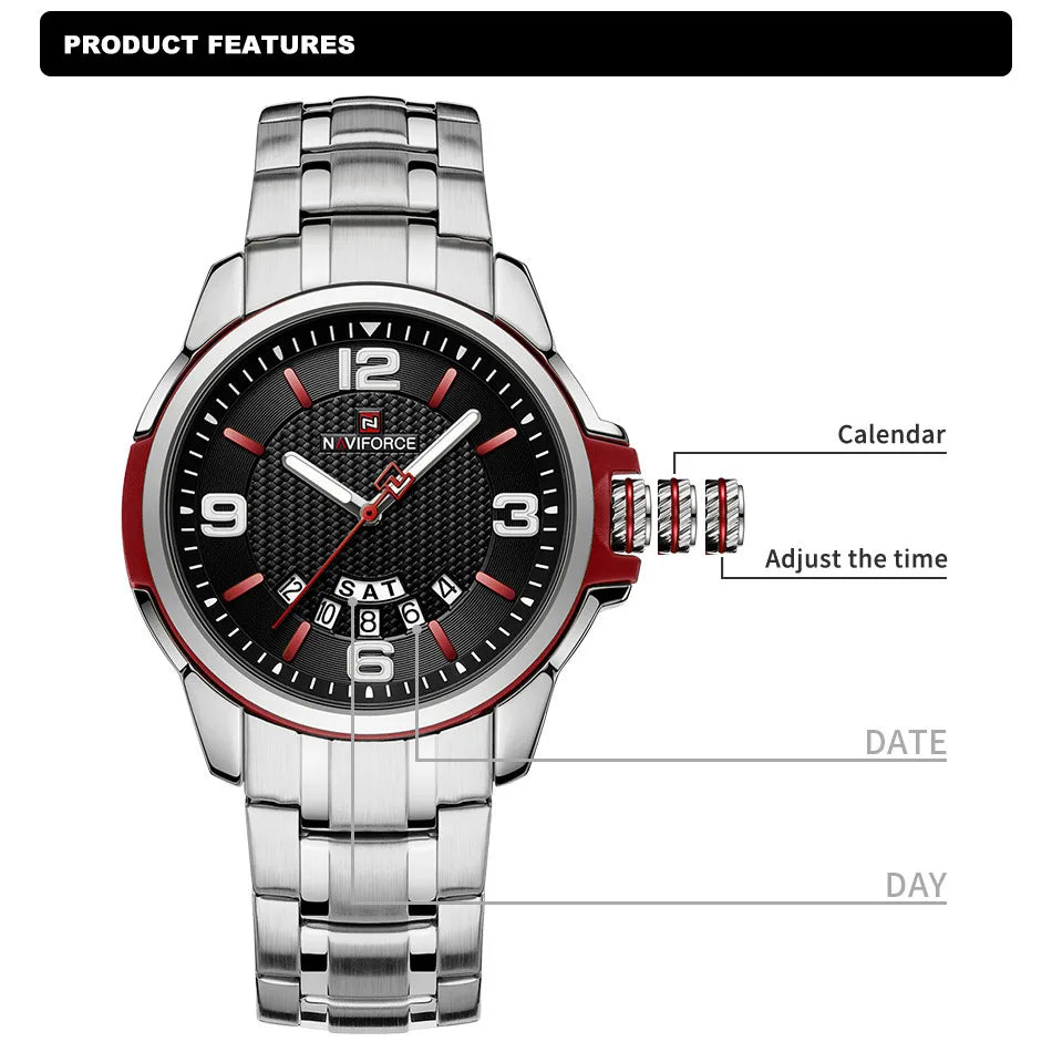 Montre-bracelet à quartz décontractée pour hommes, marque NAVIFORCE, en acier inoxydable, style affaires, étanche et lumineuse, Relogio