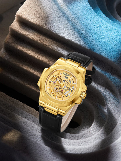 Men automatic watch waterproof outdoors simple luxury mechanical watches wholesale skeleton leather leisure mens watch gift