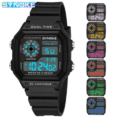 Montres numériques Hommes Sports Lumineuses Multifonction Étanche Femmes Montre-bracelet Extérieur et Course Étudiant Sept Lumières Synoke