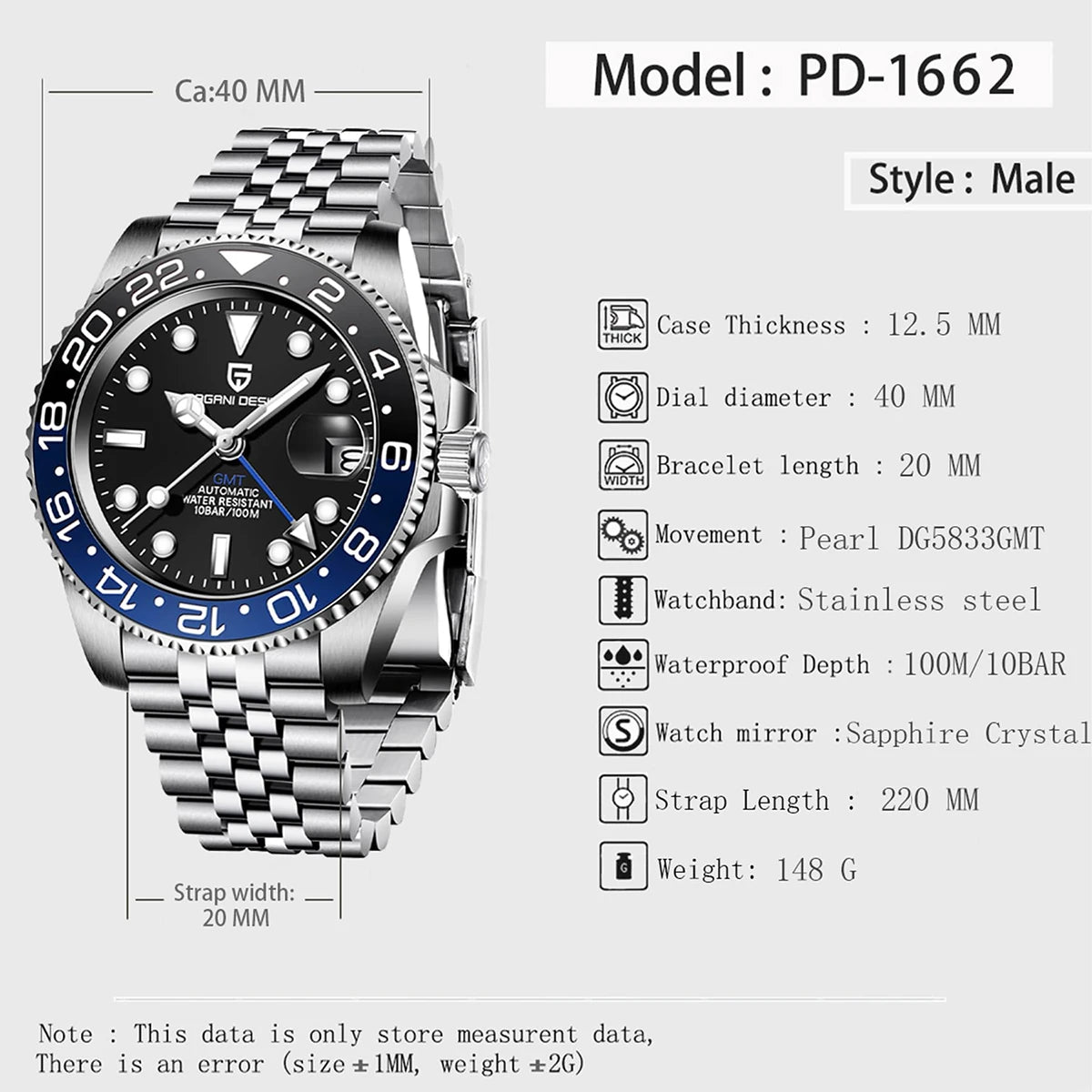PAGANI DESIGN Montre GMT 40MM pour Homme, Saphir de Luxe, Mouvement Automatique AR, Lunette Céramique, Étanche 100M, Cadeau