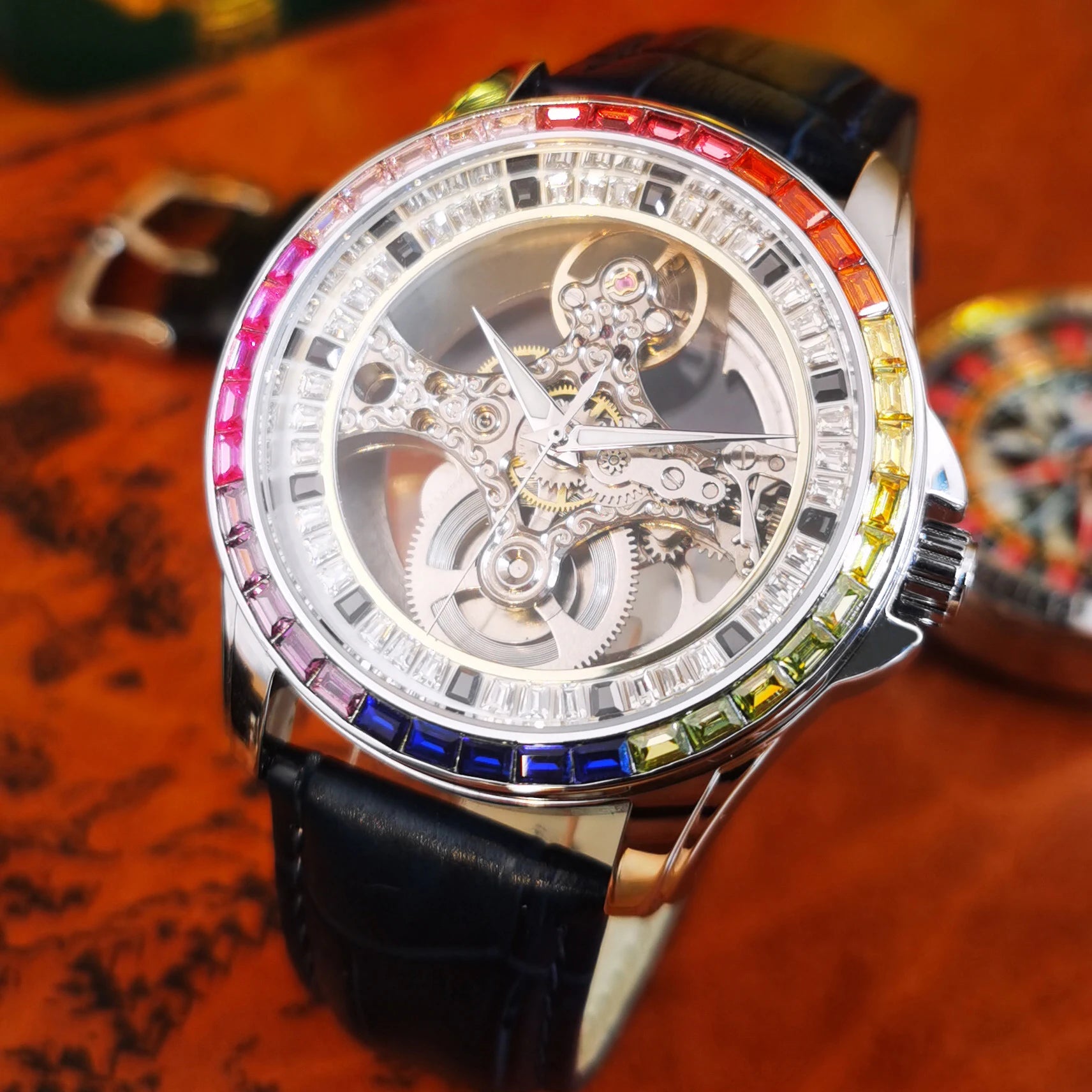 AOKULASIC Luxury Skeleton Automatic Watch for Men Fashion Black Leather Strap Luminous Hands Business Mechanical Mens Watches