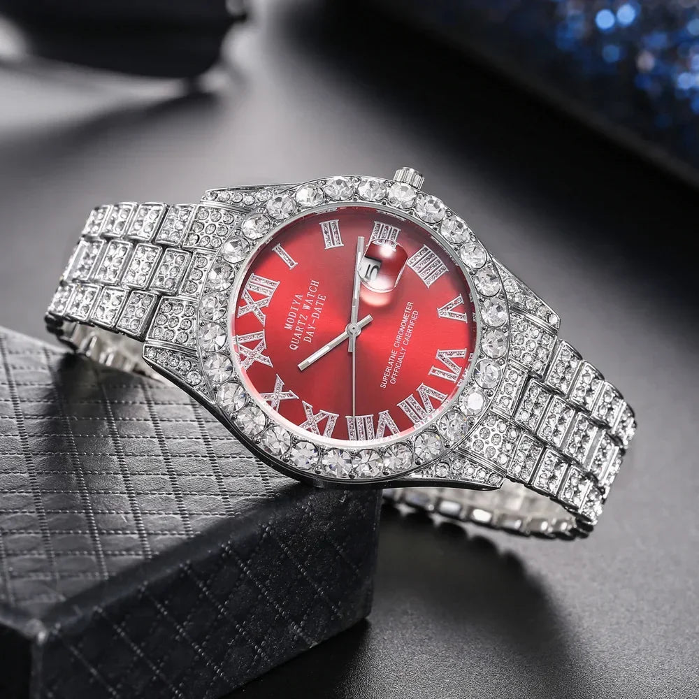Montre diamant bling homme couleur or vente chaude montre de luxe à quartz montre mâle dropshipping montre-bracelet calendrier strass