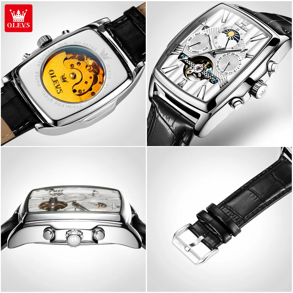OLEVS 6675 Montre automatique originale pour homme, marque de luxe, cadran carré, phase de lune, volant ajouré, montre-bracelet mécanique pour homme