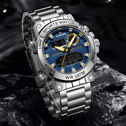 Montre numérique à quartz NAVIFORCE pour hommes, étanche, lumineuse, avec date, bracelet en acier inoxydable, chronographe, montres de sport
