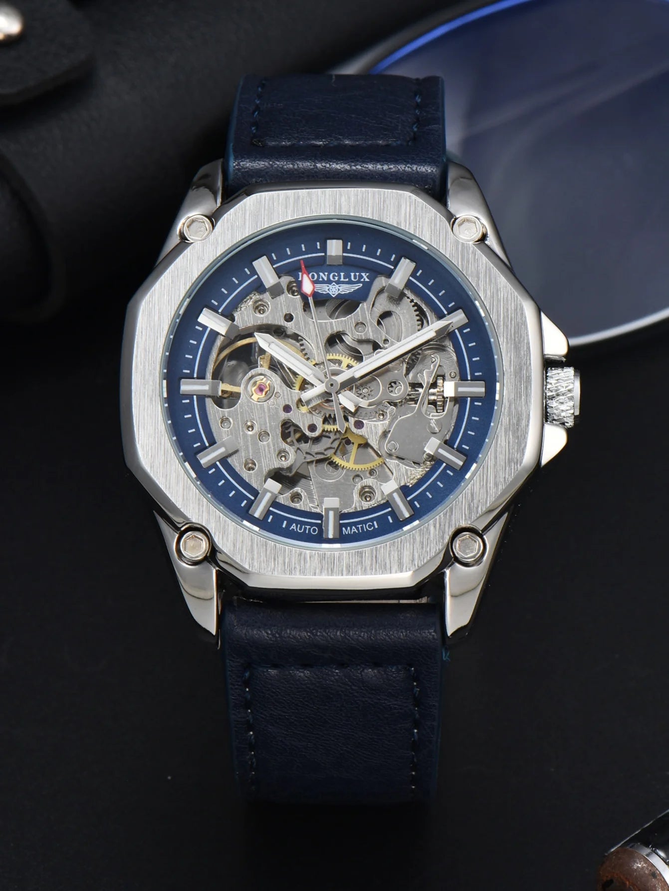 Men automatic watch waterproof sport skeleton mechanical watches outdoors fashion leather mens watch boyfriend gift