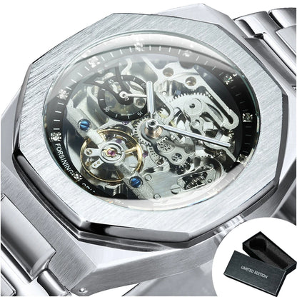 Montre automatique Forsining argentée pour homme, cadran 3D diamant, tourbillon irrégulier, squelette, mécanique, bracelets lumineux, horloge