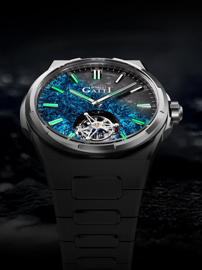 Montre Tourbillon Homme BONEST GATTI 43mm Montre-bracelet Mécanique Verre Saphir Cadran Fibre de Carbone Lumineux en Cristal