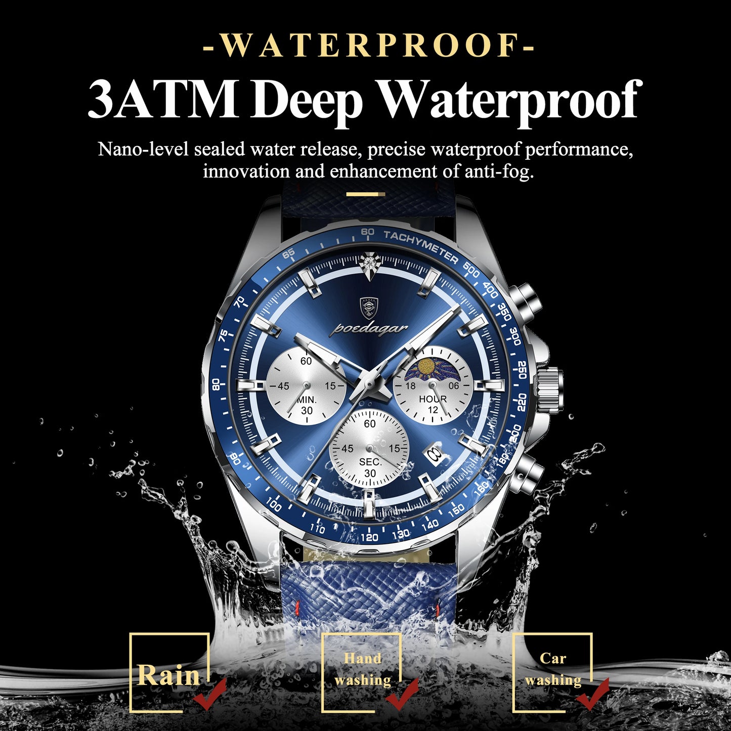 POEDAGAR Montre Homme Originale Tendance Lumineuse Étanche Chronographe Date Bracelet Cuir Quartz Sport Montres Hommes Reloj