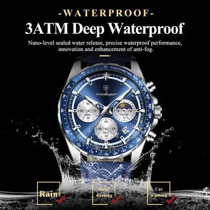 POEDAGAR Montre Homme Originale Tendance Lumineuse Étanche Chronographe Date Bracelet Cuir Quartz Sport Montres Hommes Reloj