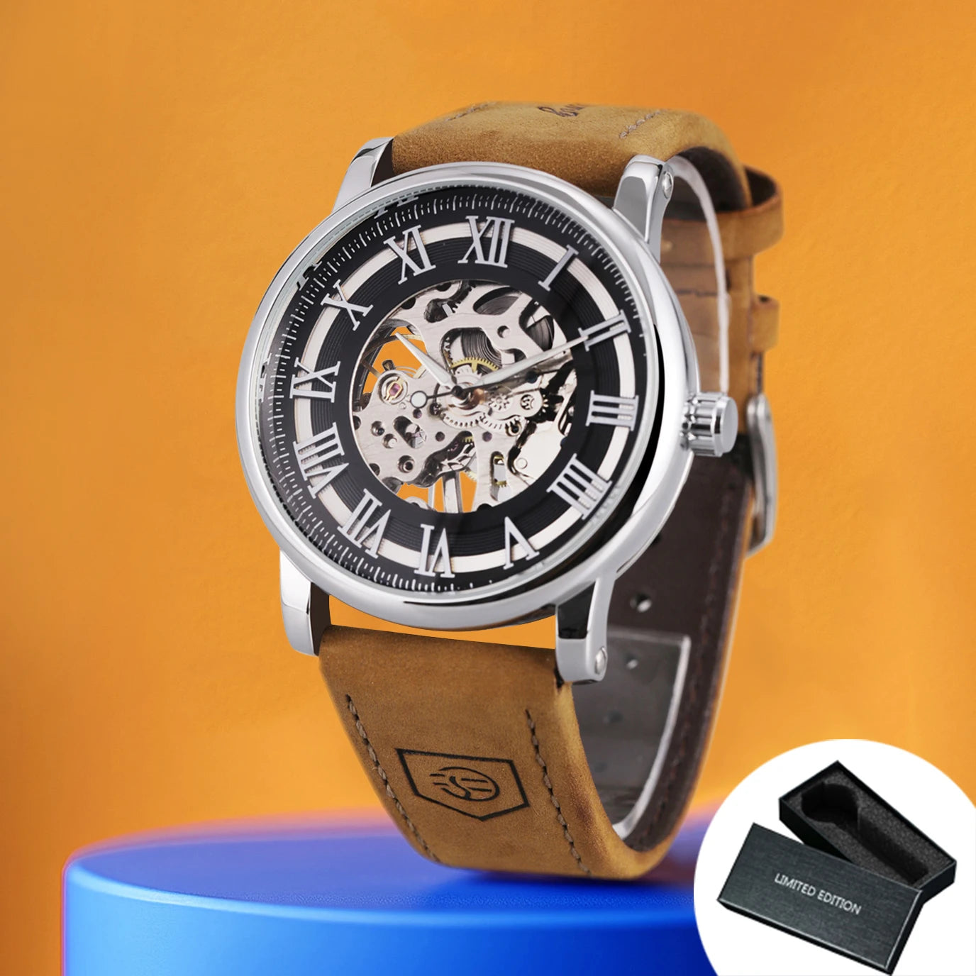 Montre bracelet Forsining Classique Squelette Remontage Manuel Aiguilles Lumineuses Montre Mécanique Homme Bracelet Cuir Marron Montre de Poignet Affaires