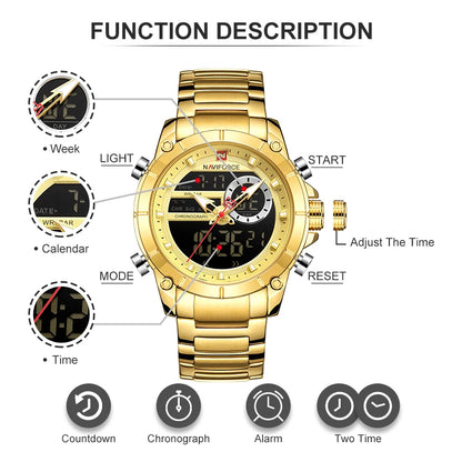 NAVIFORCE 9163 Montre-bracelet de sport de luxe originale pour hommes, mouvement à quartz, étanche en acier, double affichage, montres militaires Relogio Masculino