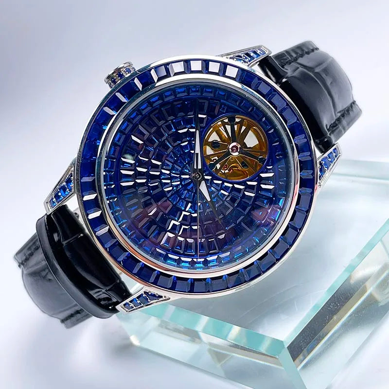 PINDU Nouvelle montre mécanique pour homme, avec pointeur lumineux diamanté, montre-bracelet saphir de qualité supérieure pour hommes, Montre Homme avec boîte cadeau P5037