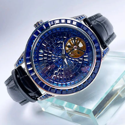 PINDU Nouvelle montre mécanique pour homme, avec pointeur lumineux diamanté, montre-bracelet saphir de qualité supérieure pour hommes, Montre Homme avec boîte cadeau P5037