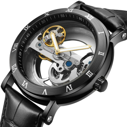 Skeleton automatic watch with leather strap and open-work dial