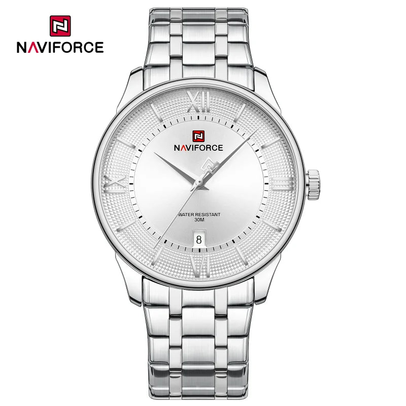 NAVIFORCE Nouvelle Montre à Quartz pour Homme avec Bracelet en Acier Inoxydable, Calendrier, Modèle Business Décontracté, Étanche et Antichoc