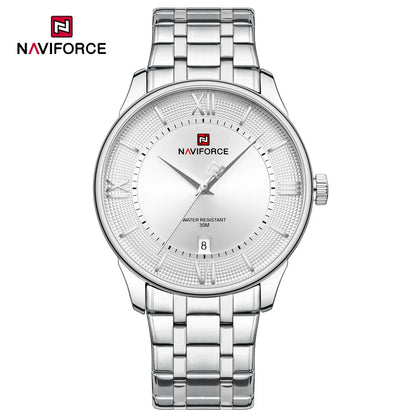 NAVIFORCE Nouvelle Montre à Quartz pour Homme avec Bracelet en Acier Inoxydable, Calendrier, Modèle Business Décontracté, Étanche et Antichoc