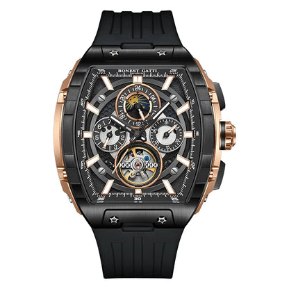 BONEST GATTI Montre Automatique Homme 47 mm Tonneau Mécanique Étanche Saphir Lumineux Multi-Cadrans Jour Date 24 Heures