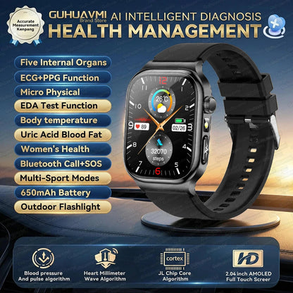 2026 Nouvelle Montre Connectée de Diagnostic Précis Graisse Corporelle ECG Oxygène Sanguin TA Santé Sport Écran AMOLED HD Appel Montres Intelligentes homme femme