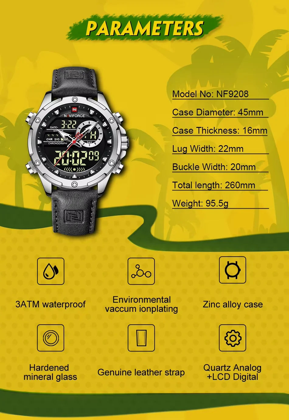 Montres originales Naviforce pour hommes 2022 Montre-bracelet pour hommes de luxe, sport et étanche avec bracelet en cuir et double affichage du calendrier