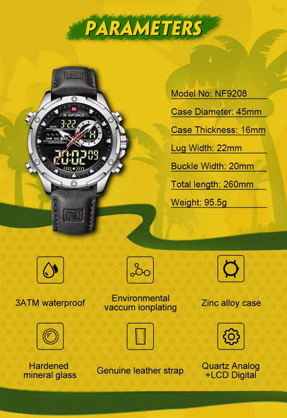 Montres originales Naviforce pour hommes 2022 Montre-bracelet pour hommes de luxe, sport et étanche avec bracelet en cuir et double affichage du calendrier
