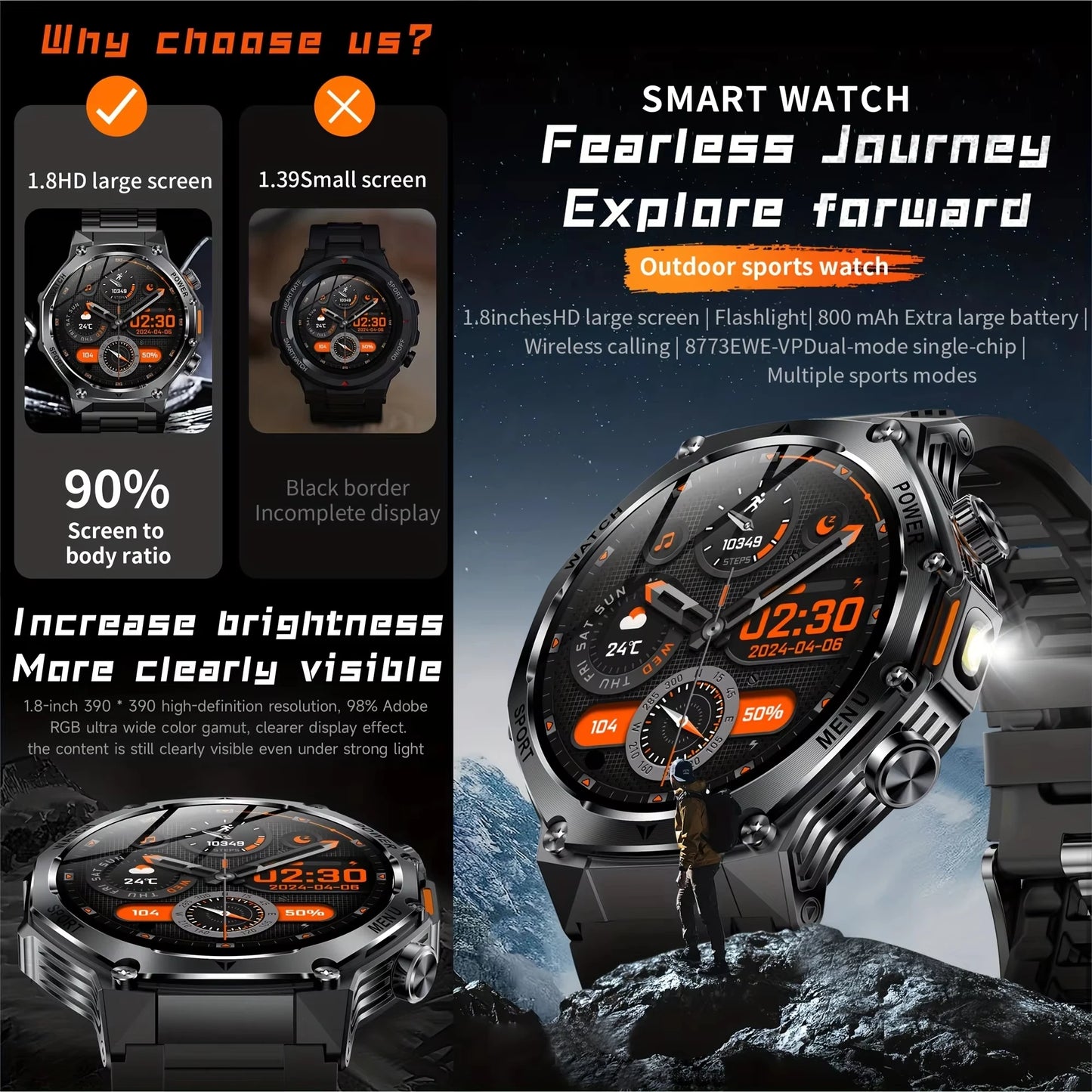 Nouvelle montre intelligente de sport robuste d'extérieur, écran HD 1,8" 390*390, batterie longue durée 800 mAh, suivi de la condition physique, calories, distance.
