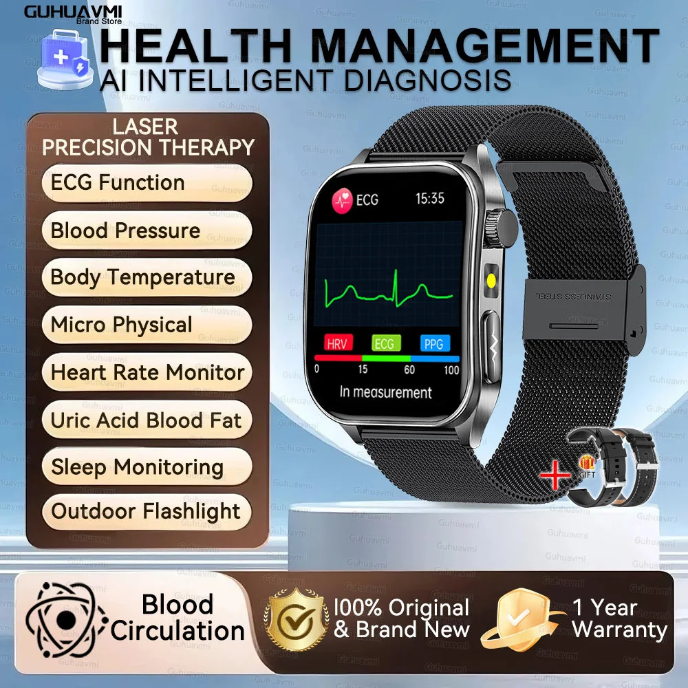 Montre Intelligente de Santé 2026 Thérapie Laser Réduction des Trois Hyper (Tension, Glycémie, Lipides) Oxygène Sanguin Pression Acide Urique ECG Montre Connectée pour Homme