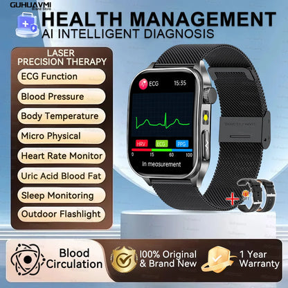 Montre Intelligente de Santé 2026 Thérapie Laser Réduction des Trois Hyper (Tension, Glycémie, Lipides) Oxygène Sanguin Pression Acide Urique ECG Montre Connectée pour Homme