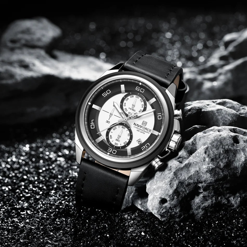 NAVIFORCE Montres Hommes Multifonctions Étanche Montre Quartz Lumineuse de Nuit Montre Bracelet en Cuir Business pour Hommes