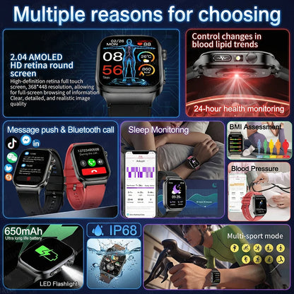 2026 Nouvelle Montre Connectée de Diagnostic Précis Graisse Corporelle ECG Oxygène Sanguin TA Santé Sport Écran AMOLED HD Appel Montres Intelligentes homme femme