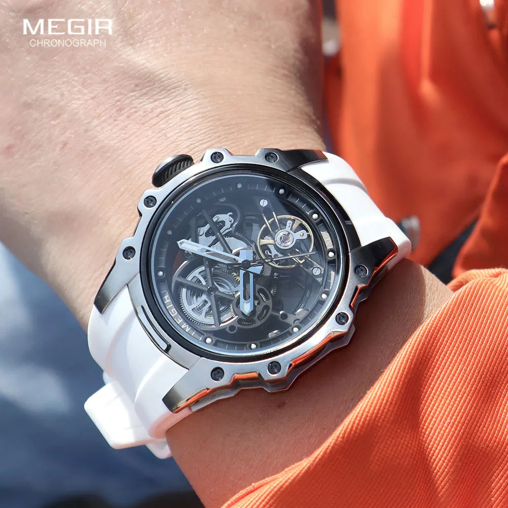 MEGIR Sports Automatic Mechanical Watch for Men Fashion Stainless Steel Cased Wristwatch with White Silicone Strap Skeleton Dial