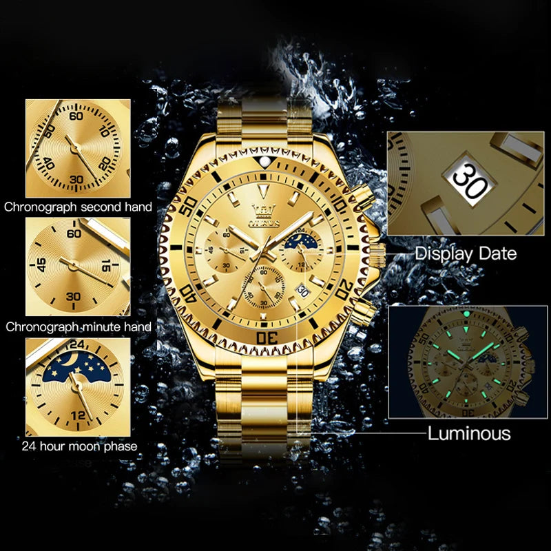 OLEVS Chronograph Moon Phase Date Stainless Steel Dial