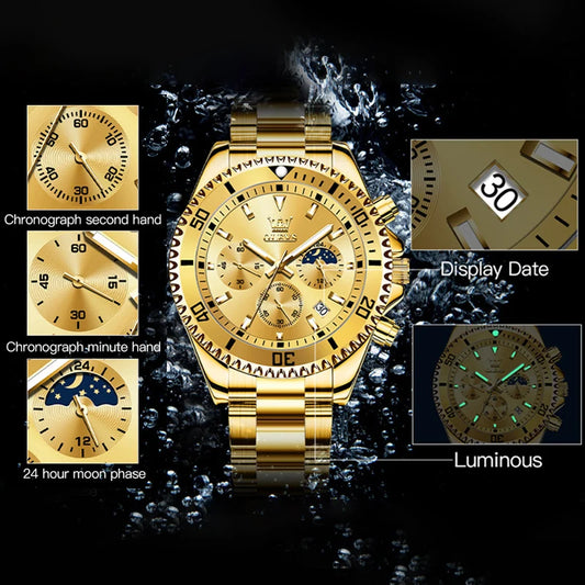 OLEVS Chronograph Moon Phase Date Stainless Steel Dial
