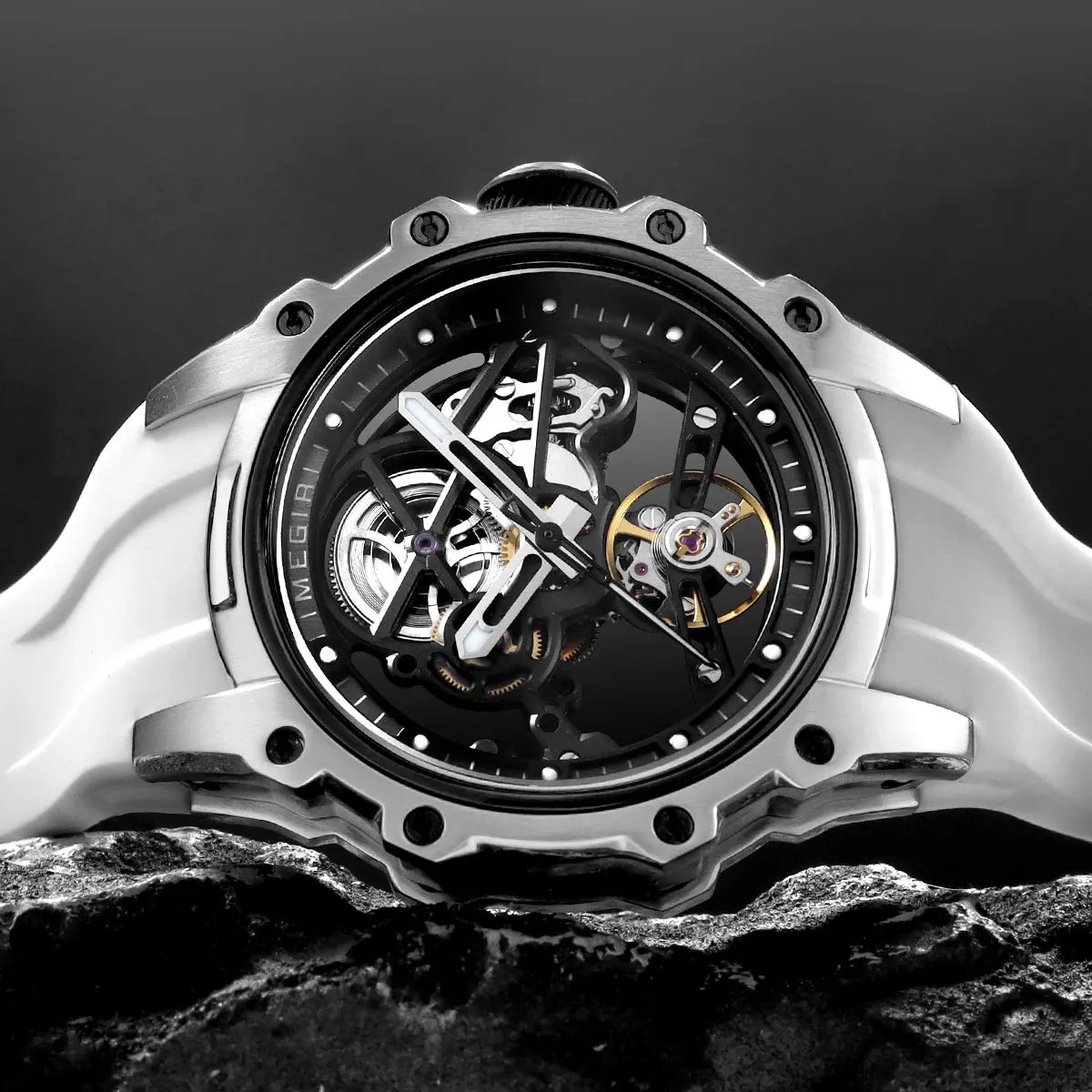 MEGIR Sports Automatic Mechanical Watch for Men Fashion Stainless Steel Cased Wristwatch with White Silicone Strap Skeleton Dial