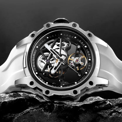 MEGIR Sports Automatic Mechanical Watch for Men Fashion Stainless Steel Cased Wristwatch with White Silicone Strap Skeleton Dial