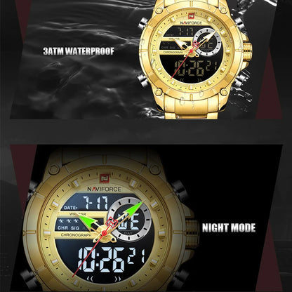 NAVIFORCE 9163 Montre-bracelet de sport de luxe originale pour hommes, mouvement à quartz, étanche en acier, double affichage, montres militaires Relogio Masculino