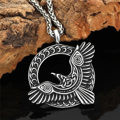Collier pendentif corbeau nordique en acier inoxydable, crâne de corbeau, oiseau, pendentif rond, Viking, Punk, aigle, animal, biker, bijoux de mode, cadeaux