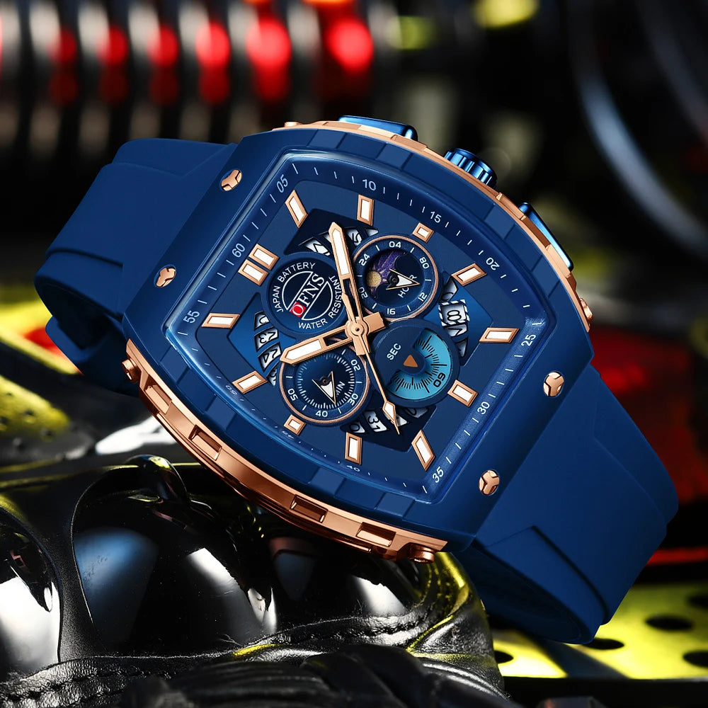 Montres-bracelets de mode en quartz OFNS pour homme, lumineuses, étanches, chronographe, calendrier, bracelet en silicone, montre de sport de luxe d'extérieur pour homme